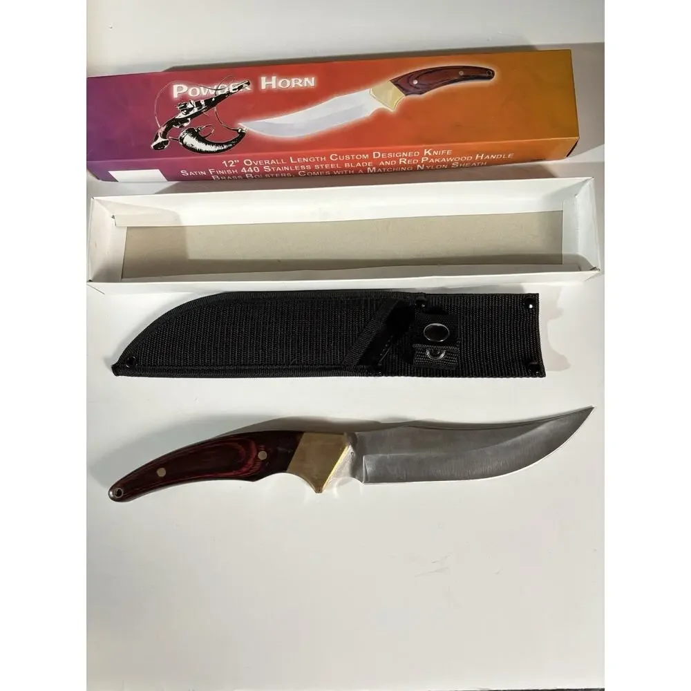 12” Custom Designed Knife Satin Finish Pakawood Handle. Nylon Sheath. New In Box